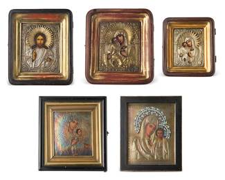 2378
A group of Russian icons
19th/20th century
Each painted on wood, comprising a Christ Pantocrator, two depicting the Mother of God, and Mother of Kazan with enameled riza, each with a gilt-metal oklad and set in a wood frame
5 pieces
Largest: 10" H x 9" W x 3" D; Smallest: 7.75" H x 6.75" W x 2.25" D
Estimate: $1,000 - $1,500