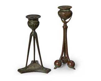 2096
Two Tiffany Studios patinated bronze candlesticks
Circa 1902-1919
Each marked: Tiffany Studios / New York; one with medallion: First Panel Sheriffs Jury 1905-1906; the other additionally marked: 1202
The tripod candlesticks, comprising one model 1202 and a commemorative candlestick with gadrooned bobèche
2 pieces
Commemorative: 8" H x 4.875" W x 4.125" D; Other: 9.25" H x 3.75" W x 3.5" D
Estimate: $500 - $800