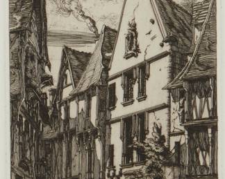 2112
Charles Meryon
(1821-1868)
"Rue des Toiles, à Bourges," 1853
Etching and drypoint on laid paper without watermark
From the edition of unknown size, the fifth state (of nine), with the date on the chimney at upper right partially effaced, but before the removal of the dog at lower left
The artist's name, date, address and other lettering etched (and with the etched strike through line) in the plate just below the image
Plate: 8.5" H x 4.75" W; Sheet 15.25" H x 11.75" W
Estimate: $800 - $1,200