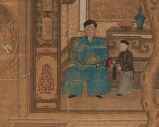 2186
18th Century Chinese School
Qing Dynasty (1644-1912), circa 18th century or later
Seated figure and attendants in a garden
Ink and natural pigments on paper laid to board with a decorative fabric
Unsigned
Sheet: 51.5" H x 24.5" W
Estimate: $1,500 - $2,500