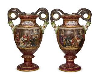 2406
A pair of Meissen porcelain vases
Late 19th century
Each with underglaze blue crossed swords with double cancellation and numbered: 29; each incised: A.148: each impressed: 8; each marked in gilt: 2
The parcel-gilt footed vases with opposing snake-form double handles, each body painted in friezes, one depicting "The Emperor Maximilian Receives the Venetian Ambassadors in Verona" after Carl Ludwig Friedrich Becker (1820-1900), the other depicting a related scene after the same artist, the necks and reverse depicting birds raising a garland, a central urn, and opposed griffins
2 pieces
Each: 19" H x 12.5" W x 9.75" D
Estimate: $800 - $1,200