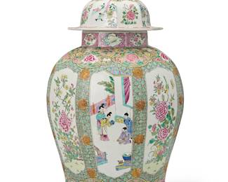 2191
A large Chinese Famille Rose porcelain ginger jar
20th century
Unmarked
The octagonal lidded jar with guardian lion finial, the lid and body decorated with alternating friezes of figural scenes and flowers with birds
30" H x 16.5" Dia.
Estimate: $1,500 - $2,000