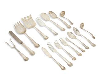 2017
A Gorham sterling silver 'Lancaster Rose' partial flatware service
20th century
Each marked for Gorham and for sterling; associated marked with a bee cipher
The assembled set, comprising 14 dinner forks (7.75"), 6 dessert forks (7"), 10 salad forks (6"), 5 cocktail/oyster forks (5.625"), 5 tablespoons (7"), 14 dinner knives (9.625"), 1 master butter spreader (6.625"), 1 pierced serving spoon (8.5"), 1 casserole/berry server (8.75"), 1 sugar spoon (6.375"), 1 cream ladle (5.25"), 1 cream ladle with scalloped bowl (5.25"), 1 asparagus serving fork (9") 1 fish serving fork (9"), and 1 baked potato fork (7.375"), together with 6 associated silver-plated salad forks (6") and 1 silver-plated serving fork (7.625"), each in a near-conforming pattern
70 pieces
Weighable sterling: 63 oz. troy approximately
Estimate: $1,000 - $1,500