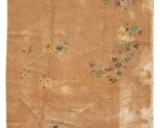 2446
A Chinese rug
20th century
Wool on cotton foundation, with sprays of light pink flowers with green leaves on a light taupe/grey field
13' 6" L x 9' 9" W
Estimate: $500 - $700