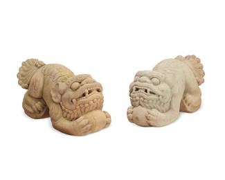 2337
A pair of large carved stone Komainu statues
20th century
Each depicted sitting on its haunches and clutching a ball
2 pieces
Each: 17" H x 34" W x 15" D
Estimate: $700 - $900
