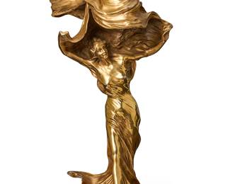 2092
After François-Raoul Larche (1860-1912)
A gilt-bronze Loïe Fuller lamp, late 20th/early 21st century
Marked in the casting: RAOUL. LARCHE
The Art-Nouveau-style figural lamp depicting the dancer, Loïe Fuller, within a swirl of scarves, electrified
16.75" H x 8" W x 9" D
Estimate: $2,000 - $3,000