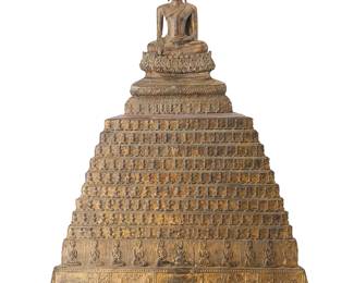 2299
A Thai gilt-bronze temple Buddha figure
Late Rattanakosin Era, 19th century or later
The robed figure with hands in bhumisparsha mudra, surmounted by an ushnisha flame and seated atop a temple, raised on three feet
25.25" H x 18" W x 10" D
Estimate: $400 - $600