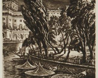 2114
Muirhead Bone
(1876-1953)
'Windy Night, Stockholm,' 1935
Drypoint on wove paper
From the edition of unknown size; tenth (final) state
Signed in pencil in the lower margin, at right: Muirhead Bone
Plate: 11.875" H x 7.75" W; Sight: 12.625" H x 8.25" W
Estimate: $400 - $600