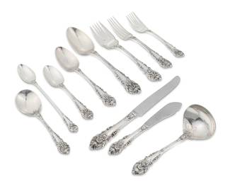 2023
A Wallace sterling silver 'Sir Christopher' flatware service
Late 20th/early 21st century
Each marked for Wallace and for sterling
Designed 1936, comprising 12 dinner knives (9.125"), 12 dinner forks (7.375"), 12 salad forks (6.375"), 12 teaspoons (6"), 2 oval soul spoons (7"), 8 iced tea spoons (7.625"), 1 tablespoon (8.5"), 1 serving fork (7.875"), 1 sugar spoon (6.125"), 1 sauce ladle (6.375"), and 1 master butter spreader (6.625")
63 pieces
Weighable sterling: 73.1 oz. troy approximately
Estimate: $1,500 - $2,000