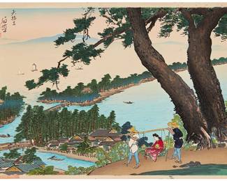 2217
Bisen Fukuda
(1875-1963)
"Amanohashidate," 1950
Woodcut in colors on paper
From the edition of unknown size
With the black ink signature and the artist's red ink seals in Japanese in the upper left image corner; Japanese characters stamped in red in the lower portion of the right margin, and stamped "Printed by Kyoto Hanga in 1950" in the lower margin, at left
Image: 10.625" H x 15.625" W; Sheet: 11.125" H x 16.125" W
Estimate: $300 - $500