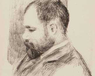 2117
Pierre-Auguste Renoir
(1841-1919)
"Ambroise Vollard," from "Douze lithographies originales de Pierre-Auguste Renoir," circa 1904
Lithograph on wove paper
From the edition of 950 (there were also 50 on Japan paper)
With the signature printed in the stone: Renoir; Ambroise Vollard, Paris, printed/published in 1919
Image: 9.25" H x 6.75" W; Sheet: 13" H x 9.875" W
Estimate: $1,500 - $2,000