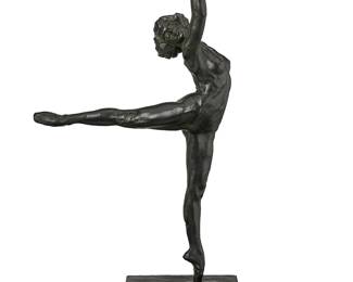 2100
Serge Youriévitch
(1876-1969)
"La Danseuse Nattova"
Patinated bronze on marble plinth
Inscribed in the casting: S. YOURIEVITCH SCULP.; additionally stamped: FRANCE; further marked: 45
Bronze: 28.75" H x 17" W x 14.25" D; Overall: 30.5" H
Estimate: $4,000 - $6,000