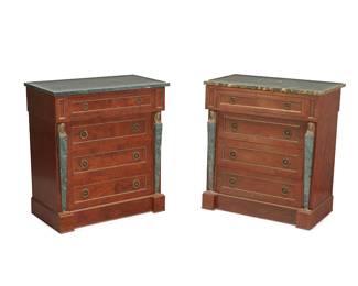 2254
A pair of Empire-style commodes
Mid-20th century
The green marble top over a frieze drawer, over three drawers flanked by caryatid terms on outset block feet, with gilt-metal hardware and accents
Each: 30.25" H x 27.25" W x 16" D
Estimate: $600 - $800