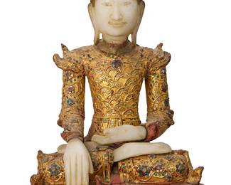 2129
A Southeast Asian carved alabaster and wood figure of Buddha
20th century or earlier
Likely Burmese, the polychrome painted and giltwood figure in royal attire, with applied reflective accents, featuring carved marble hands, feet, and head, depicted seated with hands in Bhumisparsha Mudra
15.75" H x 11" W x 8.5" D
Estimate: $2,500 - $3,500