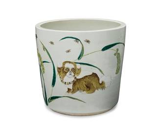 2176
A Chinese polychromed porcelain jardinière
Circa 1900
Unmarked
The porcelain planter depicting a dog, a monkey, and bird figures amidst foliate motifs and insects
14.5" H x 15.5" W x 15" D, irregular
Estimate: $1,000 - $1,500