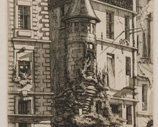 2111
Charles Meryon
(1821-1868)
"Tourelle de la rue de la Tixéranderie," 1852
Etching on laid China paper without watermark
From the edition of unknown size, the third state (of five)
The artist's initials printed in the plate at upper right: C.M
Plate: 9.75" H x 5.125" W; Sheet: 13.375" H x 8.625" W
Estimate: $1,000 - $1,500