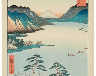 2199
Utagawa Hiroshige
(1797-1858)
"Lake Suwa in Shinano Province," from the series "Thirty-six Views of Mount Fuji," circa 1858
Woodcut in colors on paper
From the edition of unknown size and date
With the black ink "Hiroshige ga" signature in the lower portion of the left image edge; with the black ink "Horse 4" censor's seal and an unidentified seal in the lower right corner of the image; other various black ink Japanese characters in the upper right image; Tsutaya Kichizo, pub.
Image: 13.375" H x 8.875" W; Sheet: 14.75" H x 10" W
Estimate: $300 - $500
