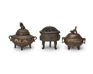 2131
Three East Asian bronze censers
Late Qing Dynasty (1655-1912) or later
The footed and lidded censers, comprising one with cloisonné floral motifs to body, four scrolled handles, and a mythical beast-form finial, another with opposed registers of avian motifs to body, two lion-form handles, and a dog-form finial, and another with intricate meandering motifs to body, dragon-form legs, and a carved wood lid with hardstone finial
3 pieces
Cloisonné (largest): 5.875" H x 4.5" W x 4.5" D; Dog (smallest): 5.25" H x 5.5" W x 5" D
Estimate: $1,000 - $1,500