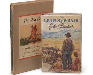 2047
Two John Steinbeck First Edition hardcover books
Two works:
"The Grapes of Wrath," 1939
Steinbeck, John. "The Grapes of Wrath." New York: The Viking Press, 1939
First Edition, Second Printing
With pictorial tan cloth, Battle Hymn of the Republic endpapers, dust jacket presenting original price, clipped at lower corner
8.25" H x 5.875" W x 1.625" D
"The Red Pony," 1945
Steinbeck, John. "The Red Pony." Illustrated by Wesley Dennis. New York: The Viking Press, 1945
First Illustrated Edition
With pictorial front and gilt-stamped spine, no dust jacket as issued, housed in original slipcase with pictorial front
10" H x 6.875" W x 0.75" D
2 pieces
Estimate: $500 - $700