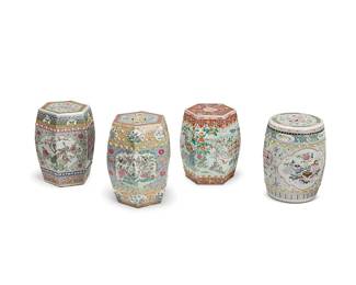 2368
A group of Chinese porcelain garden stools
20th century
Each unmarked
The glazed ceramic stools decorated with all-over floral and foliate motifs with pierced accents to the top and sides and low-relief beads near the foot and rim
4 pieces
Each: 19.5" H x 13" Dia.
Estimate: $400 - $600