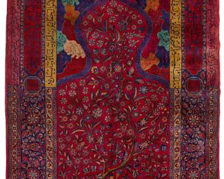 2029
A Kashan floral prayer rug
Early 20th century
With Koranic inscriptions
Wool on cotton foundation
6' 8" L x 4' 6" W
Estimate: $2,000 - $3,000