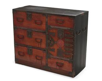 2356
A small Japanese tansu chest
20th century
The wood chest with iron hardware and opposed handles, featuring three locking drawers to one side and a locking cabinet door centering two drawers to the other
29.5" H x 35.5" W x 15.5" D
Estimate: $500 - $700