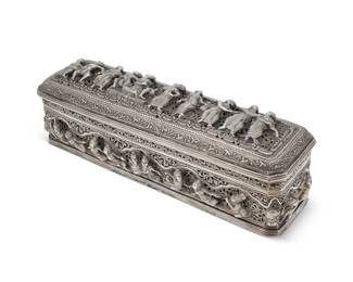 2279
A Burmese sterling silver box
20th century
Unmarked
The slender, rectangular vessel with elaborate pierced scrolled motifs surrounding chased and repoussé haute-relief figures
4.25" H x 14.25" W x 4.25" D
49.2 oz. troy approximately
Estimate: $500 - $700