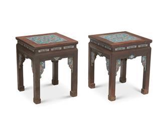 2187
A pair of Chinese cloisonné side tables
20th century
The wood tables with inset cloisonné top, apron, and leg accents, each depicting bat figures and foliate motifs
2 pieces
Each: 20.25" H x 16.75" W x 16.75" D
Estimate: $500 - $700