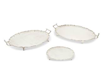2008
A suite of three George V sterling silver footed trays
1912 and 1921
Each with British hallmarks for sterling, Chester, date, and maker: HEB / FEB [Barker Brothers (Herbert Edward Barker & Frank Ernest Barker)]
Comprising two handled oval trays and one circular tray, each with pie crust border and raised on hoof feet
3 pieces
Largest: 2.375" H x 20.625" W x 12.25" D; Smallest: 1.25" H x 12.375" Dia.
Total weight: 136.6 oz. troy approximately
Estimate: $3,000 - $5,000