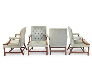 2402
A set of Kittinger Federal-style mahogany lolling armchairs
Late 20th century
Three with metal Kittinger tag to underside
Each with lolling armrests and velvet upholstery with tufted seatback, raised on straight legs joined by an H-stretcher
4 pieces
Each: 38.5" H x 28" W x 29.5" D
Estimate: $800 - $1,000