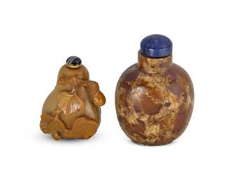2152
Two Chinese carved agate snuff bottles
19th century
Comprising one rounded and one gourd-form
2 pieces
Taller: 3.25" H
Estimate: $300 - $500