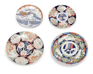 2358
Four East Asian porcelain chargers
19th/20th century
Each unmarked
Comprising three in the Imari style and one depicting a rural mountain village
4 pieces
Largest: 18" Dia.; Smallest: 14.5" Dia.
Estimate: $300 - $500