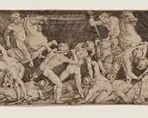 2226
Barthel Beham
(1502-1540)
"Titus Gracchus" (Battle of the nude men), 1528
Engraving on laid paper
With the title and date engraved in the plate at the center of the upper edge, and in the lower edge, at left, respectively
Sheet: 2.125" H x 11.5" W
Estimate: $1,000 - $1,500
