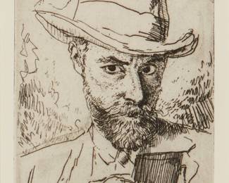 2118
Augustus John
(1878-1961)
"A Man Etching, Self-Portrait," 1917
Etching on off-white paper
From the edition of unknown but presumably small size, second (final) state
Signed in pencil in the lower margin, at right: John
Plate: 6" H x 4" W; Sight: 6.75" H x 4.5" W
Estimate: $400 - $600