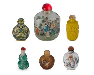 2171
A group of Chinese snuff bottles
20th century
Two marked with Chinese characters to underside
Comprising one reverse-pained glass, one Peking glass, one cloisonné enamel, one enameled porcelain, and two carved hardstone
6 pieces
Tallest: 4.125" H; Shortest: 2.375" H
Estimate: $1,000 - $1,500