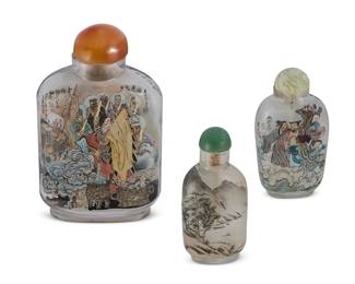 2148
Three Chinese reverse-painted glass snuff bottles
20th century
Each bearing Chinese inscriptions
Two depicting scholars and one depicting a mountain landscape
3 pieces
Tallest: 4.375" H
Estimate: $300 - $500