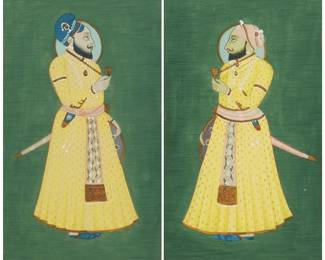 2375
Two Mughal Indian paintings
18th century
Two paintings depicting Mughal Emperors
Each: Gouache on paper with a decorative border
2 pieces
Sight of each: 10.75" H x 7.125" W
Estimate: $300 - $500