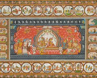 2128
A South Indian painting depicting the story of the Ramayana
20th century
Gouache on canvas
Sight: 30" H x 64.5" W
Estimate: $2,000 - $3,000