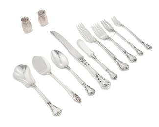 2016
A Gorham sterling silver 'Chantilly' flatware service
20th century
Each marked for Gorham and for sterling
Comprising 12 dinner knives (9"), 12 dinner forks (7"), 12 salad forks (5.875"), 12 teaspoons (5.875"), 6 butter spreaders (5.875"), 5 cocktail forks (5.5"), 1 pickle fork (5.75"), and 1 sugar spoon (6"), together with associated silver-plated salt & pepper shakers and a jelly server
64 pieces
Weighable sterling: 34.5 oz. troy approximately
Estimate: $700 - $900