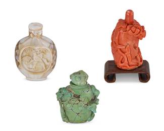 2142
Three Chinese snuff bottles
19th century
Comprising a carved turquoise bottle depicting foliate motifs in haute relief, a carved coral bottle depicting a phoenix motif, set on a wood stand, and a mother of pearl bottle depicting birds perched on branches
3 pieces
Coral without stand: 2.375" H
Estimate: $400 - $600