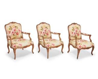 2251
A set of Louis XV carved walnut fauteuils
Mid-late 18th century with later elements
Each wood armchair with carved foliate accents and scroll armrest terminals, the seatback, seat cushion, and armrests upholstered in a floral pattern fabric
3 pieces
Each: 39" H x 30" W x 29.5" D
Estimate: $500 - $700