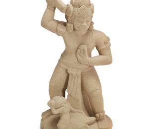 2338
An Asian carved stone sculpture of a Dharmapala
Likely Indonesian/Southeast Asian, 20th century
Depicted with an elaborate headpiece, holding an implement in right hand, and standing above a maiden figure
34.5" H x 17.5" W x 14.75" D
Estimate: $700 - $900
