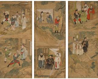 2172
A group of three Chinese narrative paintings
Late 19th century or later
Now mounted as hanging panels, depicting fighting, dynastic rule, figures in a garden, and other elements of Chinese culture; each panel with ink and pigments on textile laid to board and with a two-layered decorative textile border
Sight of each (with border): 39" H x 19.5" W
Estimate: $500 - $700