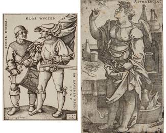 2228
Hans Sebald Beham (1500-1550)
Two works:
"Standard Bearer and Drummer," 1544
Engraving on laid paper without watermark laid to Japan paper
With the artist's monogram and the date engraved in the plate at lower right: HSB / 1544
Sheet: 2.75" H x 1.875" W
"Astrology" from "The Seven Liberal Arts," 1540s
Engraving on laid paper
With the artist's monogram and the title engraved in the plate at lower left: HSB, and the title, "Astrologia," engraved in the plate at upper right
Sheet: 3.5" H x 2.125" W
Estimate: $600 - $800
