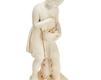 2421
An Italian white marble sculpture of a girl with a basket
Metello Motelli (1851-1894), mid-19th century
Base with incised inscription: Motelli / Milano 1860
40.5" H x 13.5" W x 18.5" D
Estimate: $700 - $900