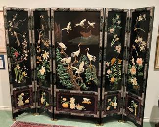 Fabulous Asian screen. Notice the detail in the gemstone carvings! (Total width, 7’11”, 6’ 2 1/2” tall.)