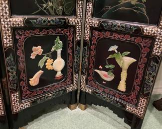 Fabulous Asian screen. Notice the detail in the gemstone carvings! (Total width, 7’11”, 6’ 2 1/2” tall.)