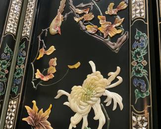 Fabulous Asian screen. Notice the detail in the gemstone carvings! (Total width, 7’11”, 6’ 2 1/2” tall.)