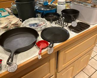 Look at this cast iron! We had three pieces restored: Wagner griddle (early 1920’s), Lodge sauce pot/French fryer, Lodge #10 skillet (1945-1955). Very nice!