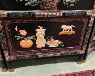 Fabulous Asian screen. Notice the detail in the gemstone carvings! (Total width, 7’11”, 6’ 2 1/2” tall.)